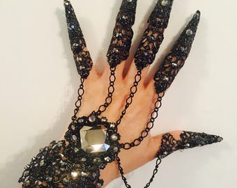 Crystal gauntlet with nail guards,full finger bracelet,armor bracelet,metal glove,crystal glove,full hand bracelet,claw rings.