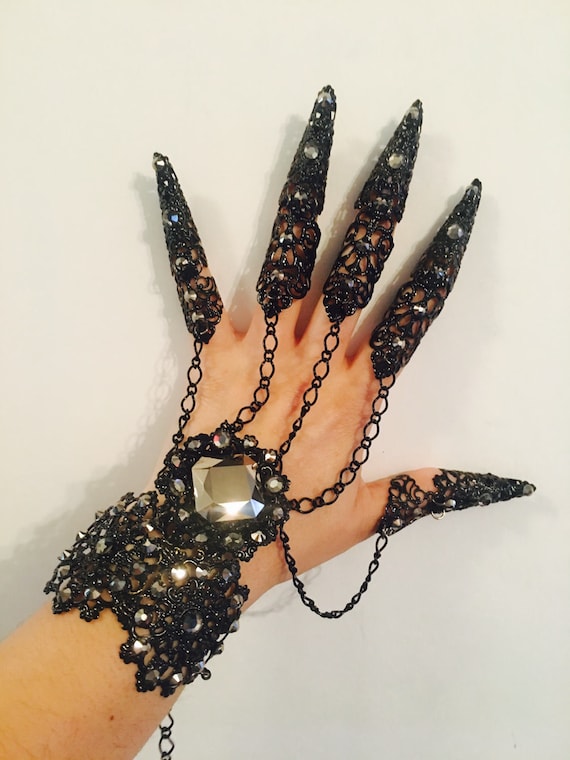 Crystal gauntlet with nail guards,full finger bracelet,armor bracelet,metal glove,crystal glove,full hand bracelet,claw rings.