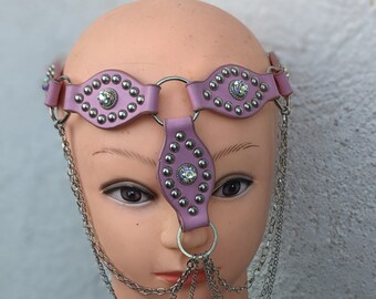 Pink chain mask, face piece, mask, chain mask, chain face piece, tribal style mask, pink mask, chained mask.