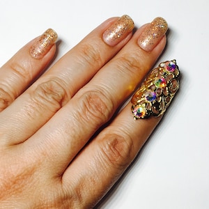 Single crystal claw,finger tip,claw ring,nail ring,nail guard,metal finger tip,gold color filigree,ab crystals,1 pc.