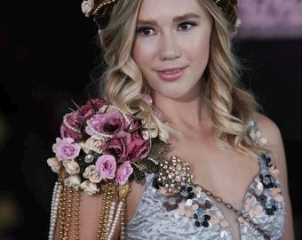 Golden floral Crown, Wooden crown, gold crown, gold crown, flower wooden crown,  crystal crown, floral crown, gold crystal crown.