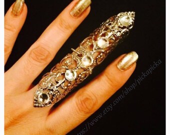 Shield ring,armor ring,Full finger ring,nail guard,silver color filigree, decorated with clear crystals,adjustable.