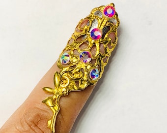 fairy claw ring, nail guard, nail tip, nail ring, metal nail tip, nail cover, claw, gold claw, crystal claw,  adjustable.