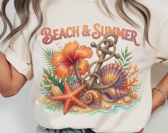 Summer and Beach PNG, Nautical Anchor Sublimation File, Tropical Hibiscus DTF Print, Ocean Seashell Starfish Design, Digital Download PNG