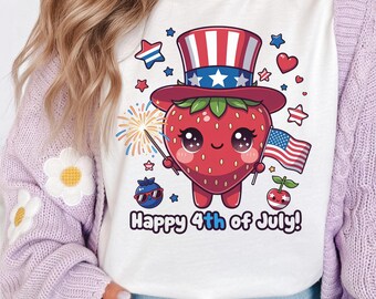 Cute Patriotic Strawberry 4th of July PNG, Kawaii Shirt Design, Independence Day Sublimation, Uncle Sam Hat DTF Transfer, Digital File