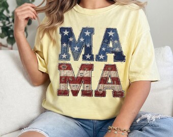 Patriotic Mama PNG, Distressed Denim Patchwork USA 4th of July Sublimation Design, Frayed American Flag Mama DTF Transfer, Vintage 2026