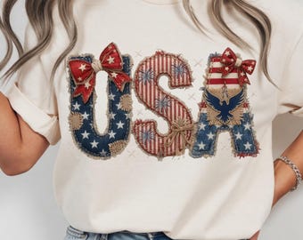 Patchwork USA PNG Patriotic Sublimation Design Retro 4th of July DTF Transfer Graphic Vintage Embroidered Eagle Aparel File Digital Download
