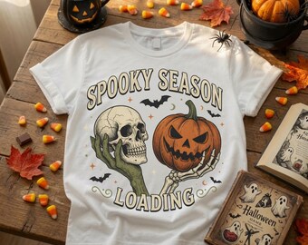 Spooky Season Loading PNG Retro Halloween Shirt Design Vintage Skeleton Hand Skull Jack o Lantern Sublimation Download DTF Graphic