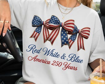 USA 250 Years PNG, Red White and Blue American Flag Bows, Retro Patriotic Sublimation, 4th of July Crewneck Design, Digital Download PNG