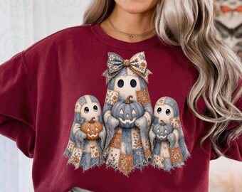 Coquette Ghost PNG, Floral Patchwork Halloween PNG, Vintage Denim Ghost Sublimation Design, Fray Fabric Cute Ghost Bow DTF Design Download