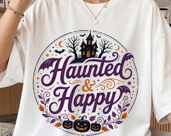 Haunted & Happy PNG, Retro Halloween Sublimation Design, Spooky Season Shirt DTF Graphic, Cute Haunted House Pumpkin File, Commercial Use