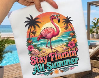 Stay Flamin All Summer PNG Tropical Flamingo Sublimation Design Retro Beach Sunset DTF File Summer Vacation Shirts Clipart Digital Download