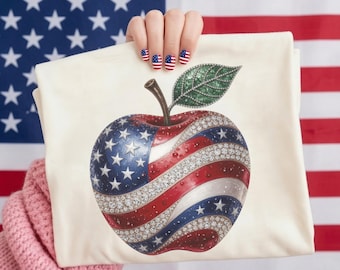 Patriotic Apple PNG, Faux Diamond Rhinestone USA Flag Sublimation, 4th of July Teacher Gift Idea, America Stars Stripes Apple Digital File