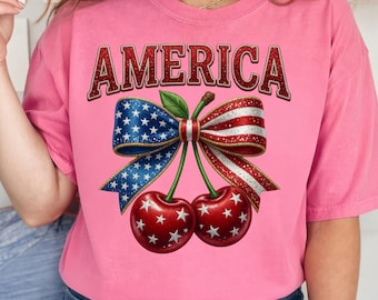 America Cherries PNG Coquette Bow 4th of July Sublimation Design, USA 250th Semiquincentennial Patriotic Varsity Glitter DTF Shirt Download