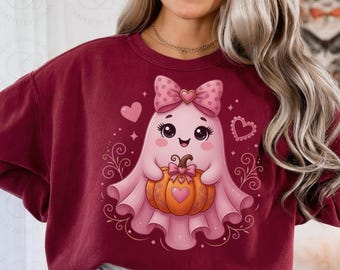 Coquette Pink Ghost PNG Cute Spooky Season Sublimation Design Fall Halloween Heart Pumpkin DTF Shirt Design Pink Halloween Retro Bow Graphic