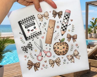 Kawaii Back to School PNG Coquette Leopard Bow Teacher Sublimation Design Cute School Supplies Pencil Composition Notebook Trendy DTF Design