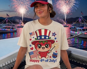 Cute Patriotic Strawberry 4th of July PNG, Faux Yarn Shirt Design, Independence Day Sublimation, Uncle Sam Hat DTF Transfer, Digital File