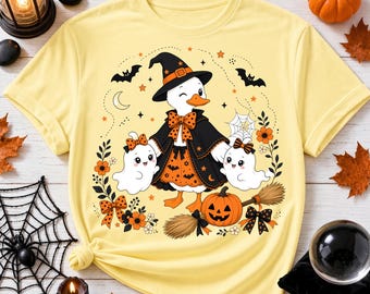 Cute Witch Duck PNG Halloween Sublimation Design, Spooky Ghost PNG, Fall Halloween Shirt Design, Jack O Lantern Broom DTF Clip Art Digital