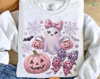 Cute Pink Halloween PNG, Iridescent Ghost PNG, Coquette Leopard Bow Pumpkin Sublimation Design, Pastel Trick or Treat PNG,Commercial Use dtf
