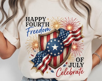 4th of July PNG, Freedom Celebrate Patriotic Sublimation Design, American Shield Flag DTF Transfer, Independence Day Graphic For T-Shirts
