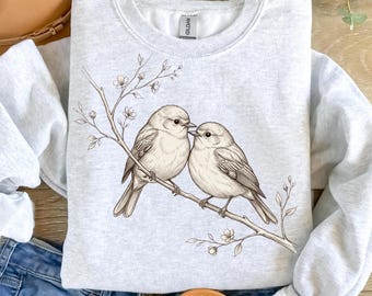 Two Lovebirds on Blossom Branch PNG | Romantic Spring Birds Line Art | Elegant Vintage Bird Illustration Digital Download
