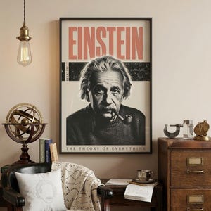 Albert Einstein poster, moderne retro wetenschap aan de muur kunst, natuurkunde professor cadeau, halftoon nerd decor