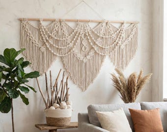 Suspension murale bohème en macramé XL | Tapisserie en corde de coton et décoration de tête de lit