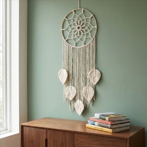 May include: A cream-colored macrame dream catcher with a circular woven web design and hanging feather accents. The wall hanging is suspended against a muted green wall, adding a touch of bohemian decor to any space.