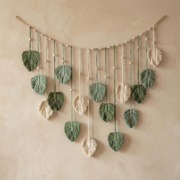 Handgemaakte macraméslinger: boho-muurhanger, saliegroen en crème