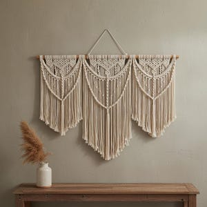 May include: Cream-colored macrame wall hanging with a wooden dowel and a triangular hanging cord. The design features three symmetrical panels with intricate knotting and cascading fringe, creating a bohemian aesthetic. A vase with dried flowers sits on a wooden table.