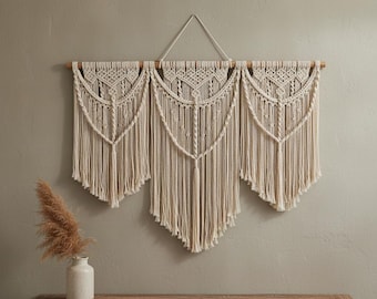 Extra Large Macrame Wall Hanging | Boho Bedroom Headboard Decor | 3-Panel Woven Cotton Tapestry | Over The Bed Macrame Wall Art