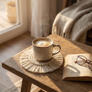May include: A beige ceramic mug filled with coffee sits on a cream-colored macrame coaster. An open book with eyeglasses rests on a rustic wooden table. Steam rises from the coffee, suggesting warmth and comfort.