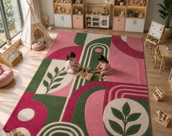 Botanical Color Block Area Rug, Organic Shape Mid Century Inspired Carpet,  Hand Tufted Living Room Rug, Custom Scandinavian Floor Decor