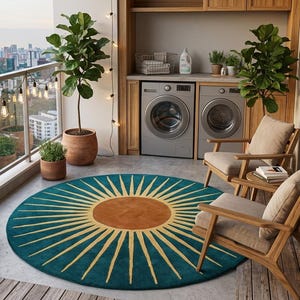 May include: A balcony scene featuring a teal and orange sunburst rug, two wooden chairs with beige cushions, and potted plants. The background includes a cityscape and string lights, creating a cozy outdoor living space.