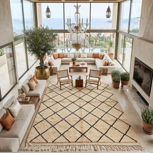 Op de afbeelding: Een grote woonkamer met een beige vloerkleed met een zwart ruitpatroon en franjes, een U-vormige hoekbank met oranje kussens, twee houten stoelen met rieten rugleuningen, een glazen kroonluchter en een grote olijfboom in een gouden pot.