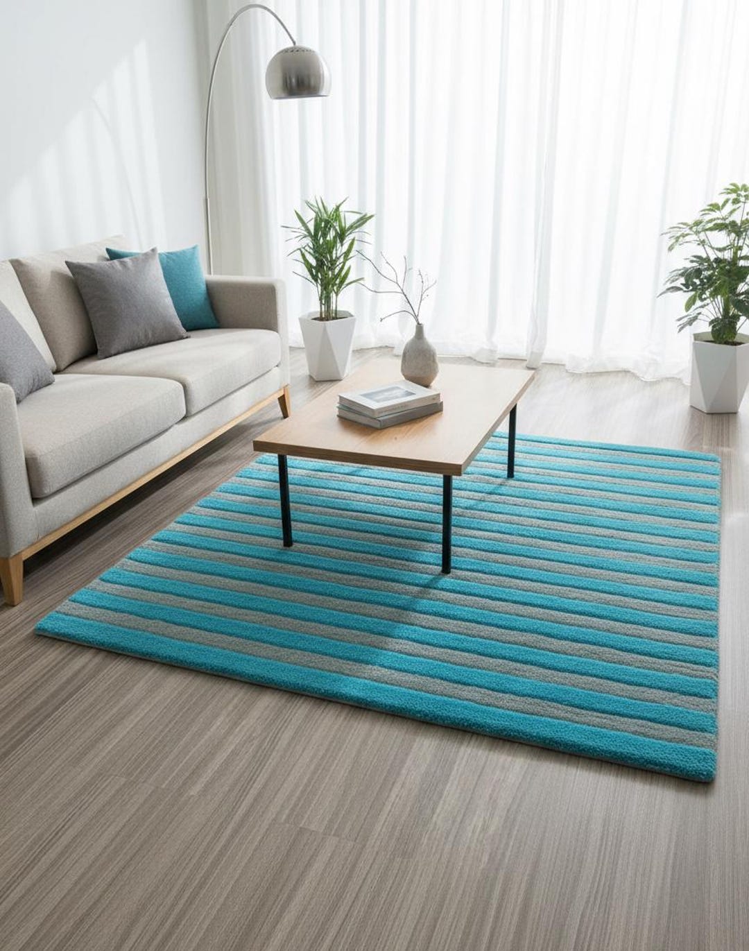 Modern Striped Teal & Grey Wool Area Rug, Hand Tufted Floral Art Deco ...