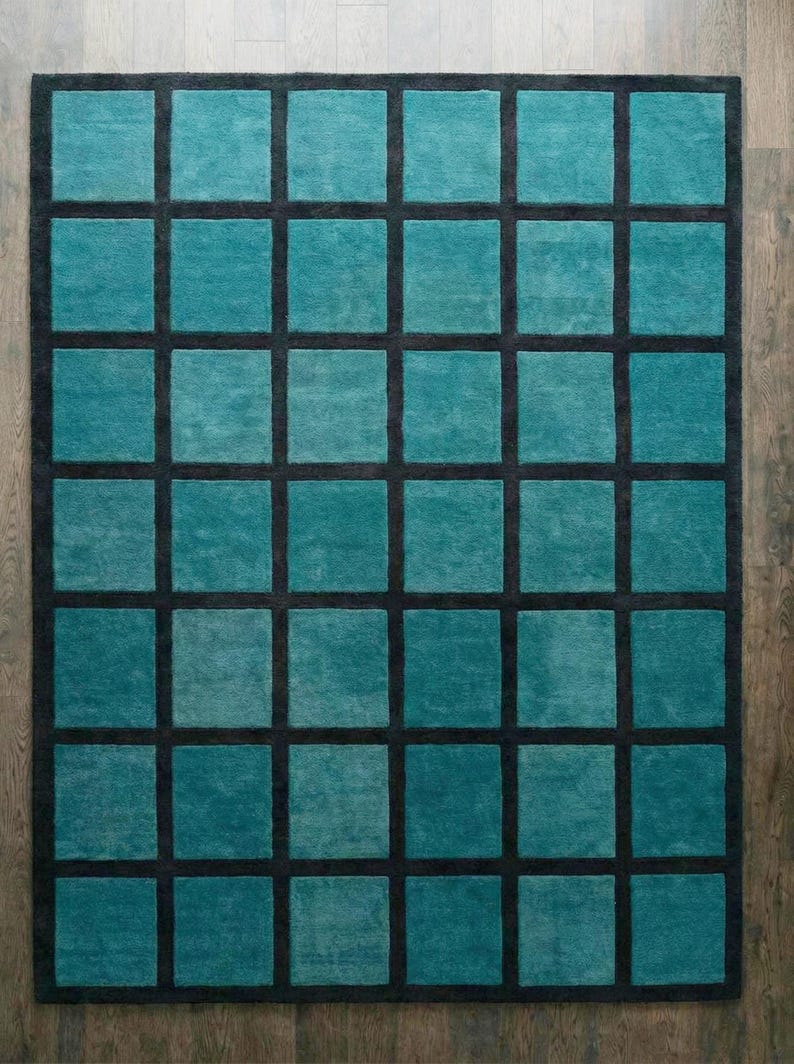 Tufted Modern Grid Pattern Large Area Rug 9x12, Geometric Teal Black ...