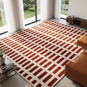 Tappeto moderno geometrico anni '70 in lana, tappeto trapuntato rosso e avorio, tappeti con motivo a griglia di grandi dimensioni