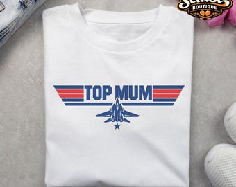 80年代の映画を彷彿とさせる「トップ・マム」Tシャツ | 戦闘機風ロゴTシャツ | 母の日ギフトに最適