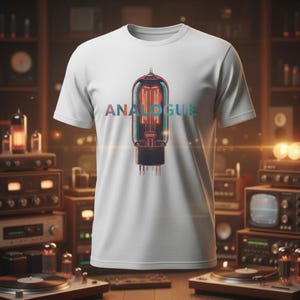 May include: White t-shirt featuring a colorful graphic of a vintage vacuum tube with the word "ANALOGUE" above it. The design is centered on the front of the shirt. The shirt is short-sleeved and has a crew neck.