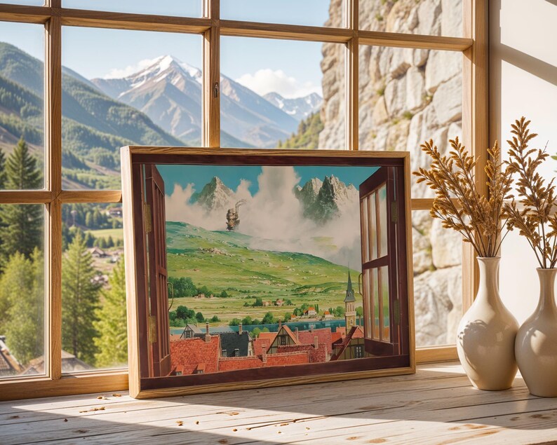 May include: A framed artwork depicting a landscape scene with a ship in the sky, set against a backdrop of mountains and a town with red rooftops. The artwork is displayed on a wooden surface near a window.