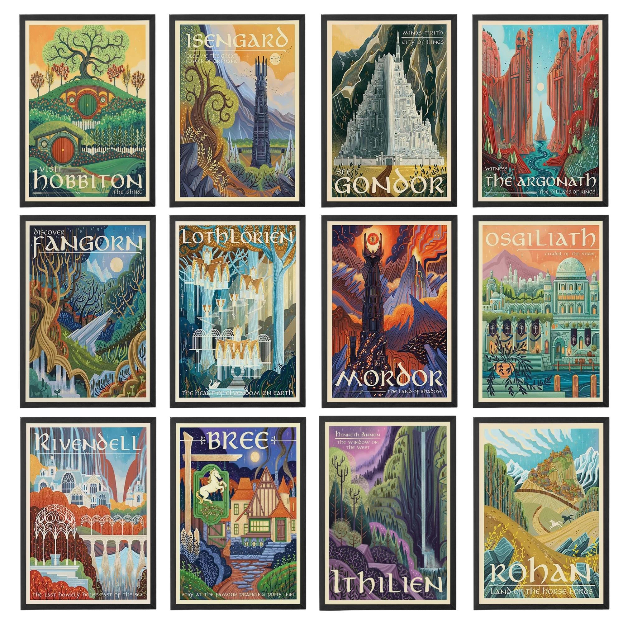 Lord of the Rings Travel Poster Set, Middle Earth Art Prints,hobbiton ...