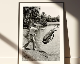 Funny Angry Golfer Canvas Print: Vintage Black and White Wall Art