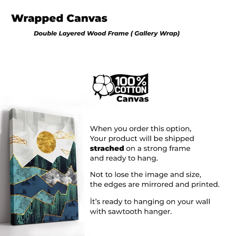 May include: Wrapped canvas art print with a double layered wood frame. The artwork features a mountain landscape with a gold sun and accents. The canvas is made of 100% cotton and is ready to hang.