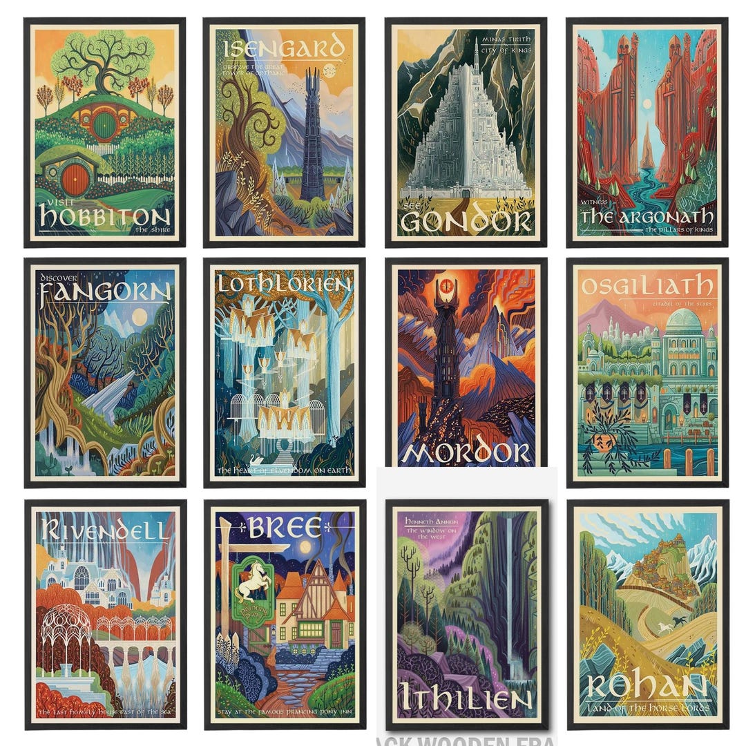 Lord of the Rings Travel Poster Set, Middle Earth Art Prints,hobbiton ...