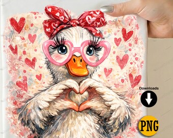 Cute Goose Illustration PNG | Whimsical Animal Art | Retro Pink Love Quote Design | Funny Goose with Glasses Digital Download