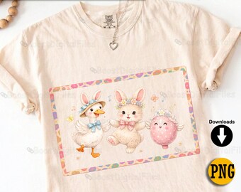 Kawaii Spring Animals Clipart, Dancing Goose Bunny Egg, Pastel Art, Sublimation PNG