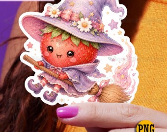 Strawberry Witch Sticker PNG, Kawaii Halloween Fruit Sticker, Spooky Berry