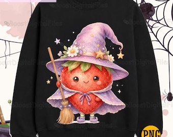 Strawberry Witch PNG, Halloween Fruit Clipart, Cute Witch Sublimation