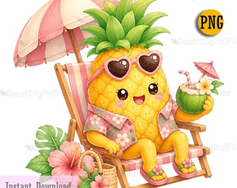 Pineapple Vacation PNG, Cute Tropical Summer, Kawaii Clipart